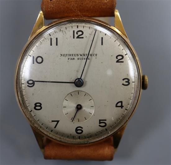 A gentlemans 1930s/1940s? Swiss Nefireus 18ct manual wind wrist watch,